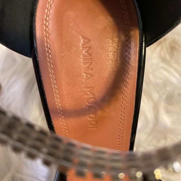 Amina Muaddi Ursina Black Patent Leather Crystal Heeled Shoes - Picture 5 of 8